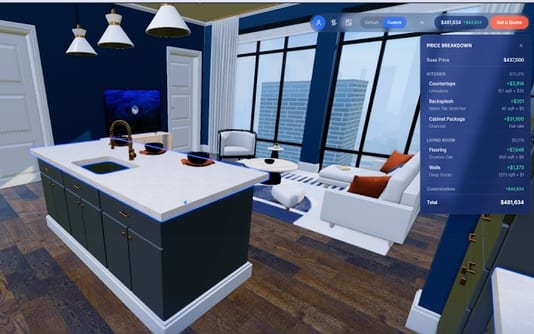 The BASE BuildUp platform: a 3D home viewer with a live price breakdown.