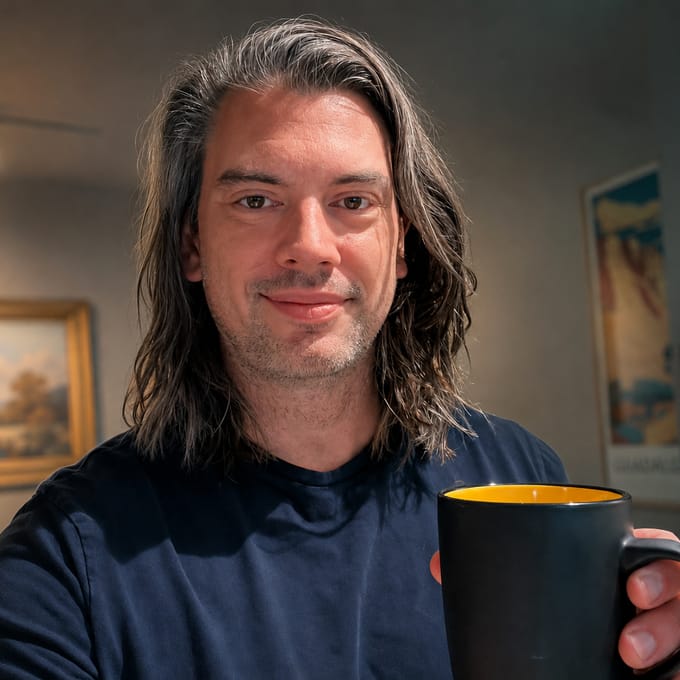 Zach Arrington holding a coffee mug in a room hung with framed paintings.